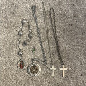 Silver Tone Religious Necklace Lot Set with Cross Pendants